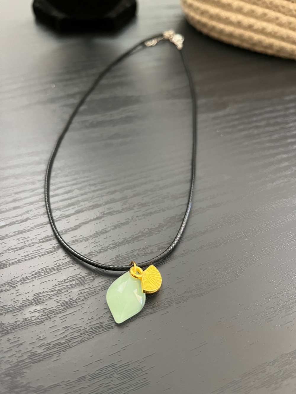 Jade Leaf Pendant Necklace with Gold Accent